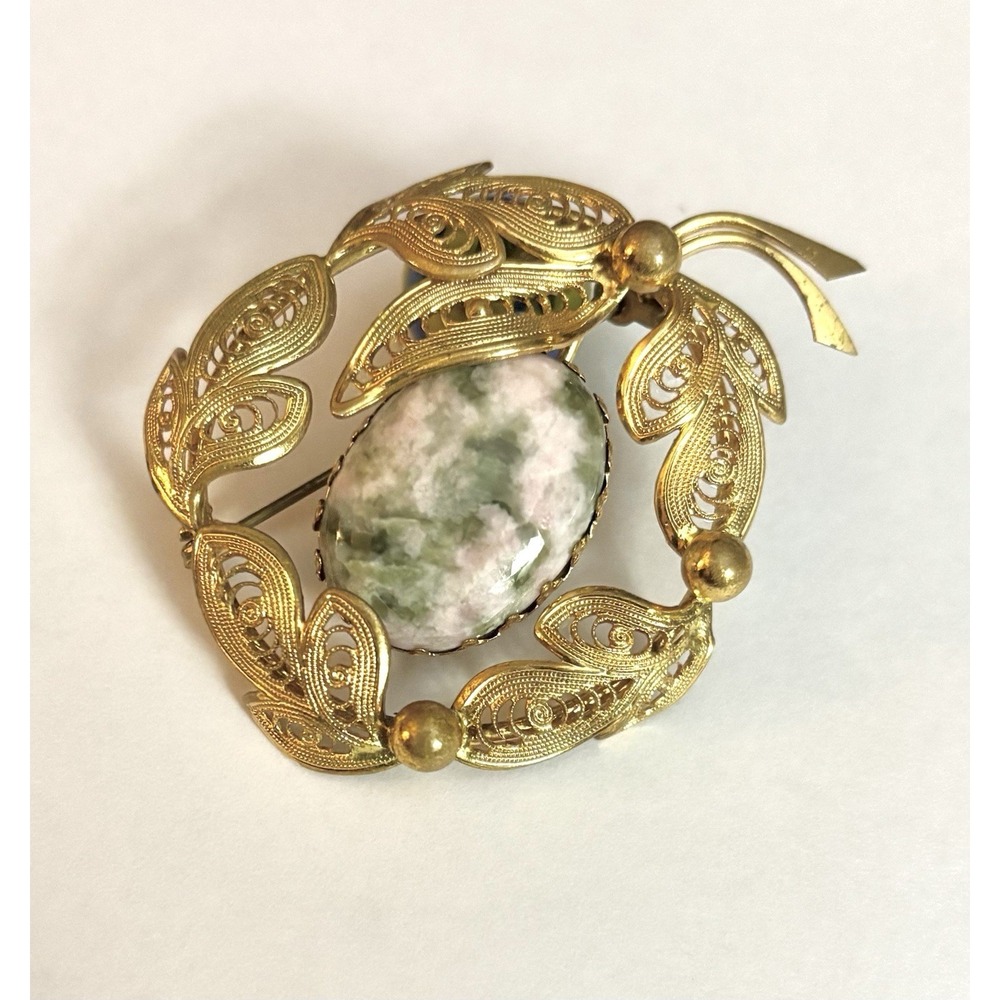 Vintage WESTERN GERMANY gold tone with pink and green agate stone brooch